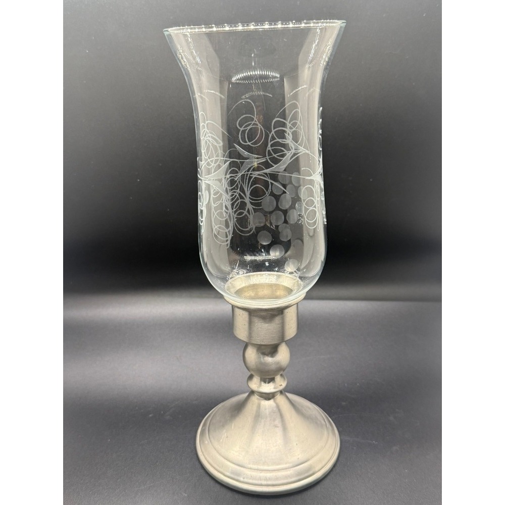 Vintage Web Pewter Hurricane Candle Holder Etched Glass Shade Mid Century MCM